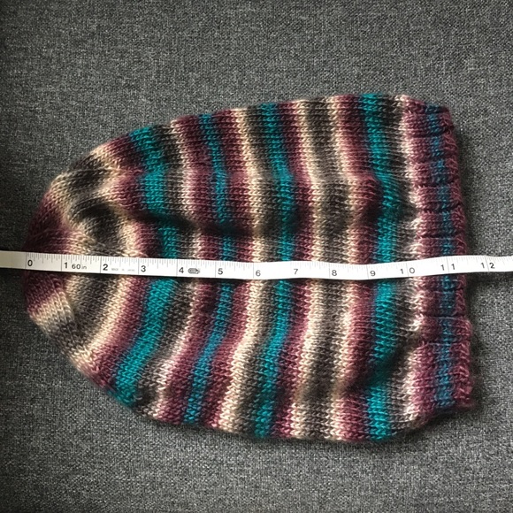 Handknitted Striped Burgundy Teal Cream Grey Ribbed Edge Unisex Slouchy Hat - Picture 13 of 16